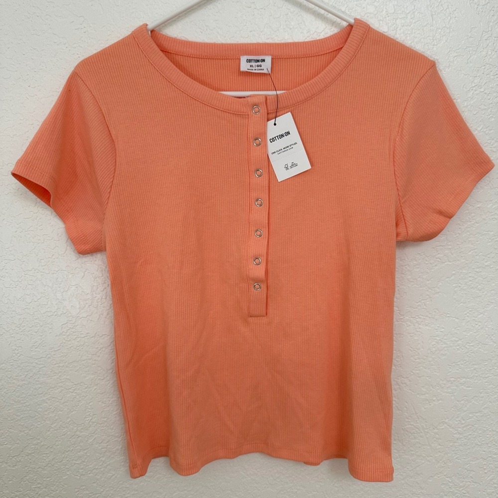 Cotton On Womens Christy Henley Tee Apricot Jelly Ribbed Snap Top Orange XL NWT